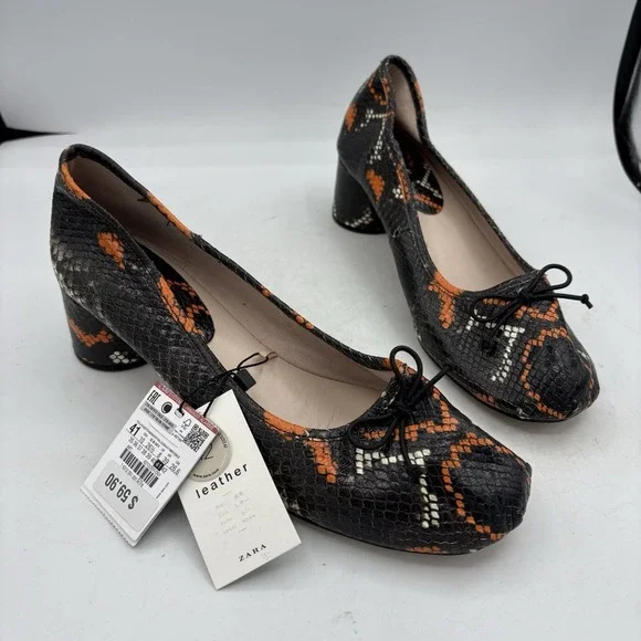 Zara Basic Shoes Womens Size 10 Black Orange Snake Print Block Heel Pumps - Picture 1 of 9